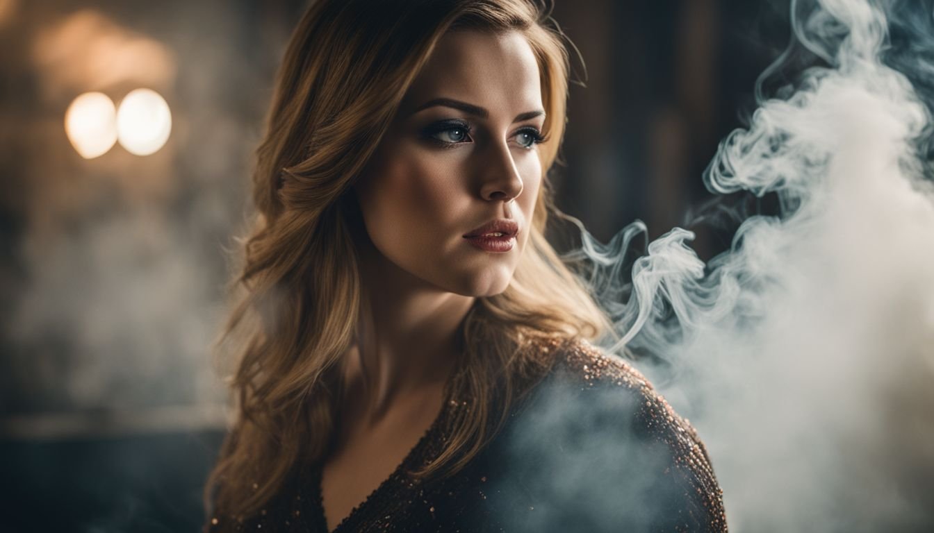 A concerned pregnant woman surrounded by cigarette smoke.