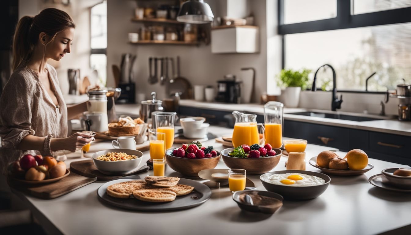 A quick breakfast spread on a modern kitchen countertop.