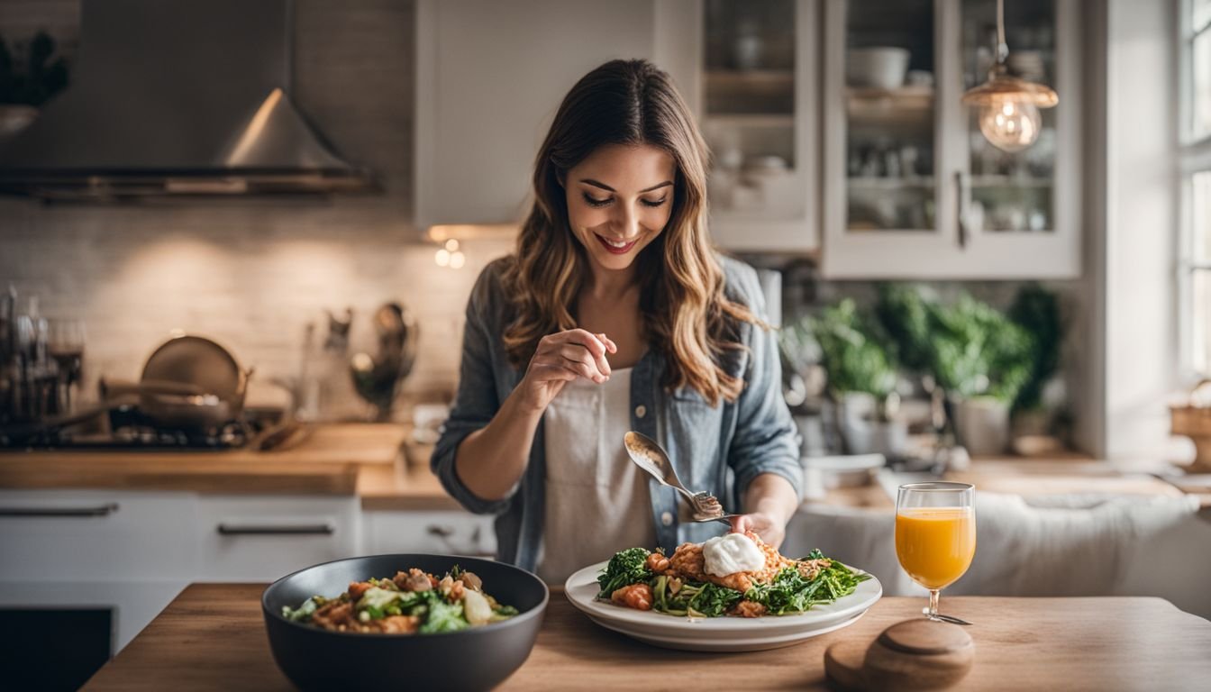 A person enjoying keto-friendly dish in a cozy kitchen.