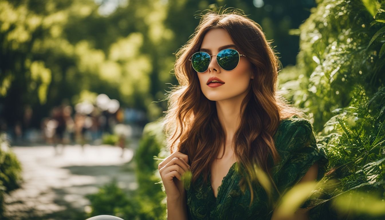 A person wearing sunglasses in a lush park with various styles.