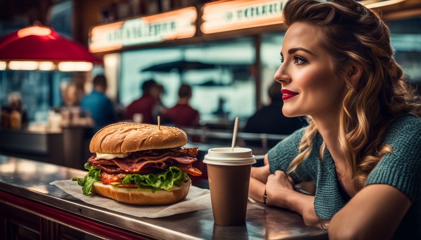 A classic BLT sandwich and cup of coffee on a vintage diner counter.