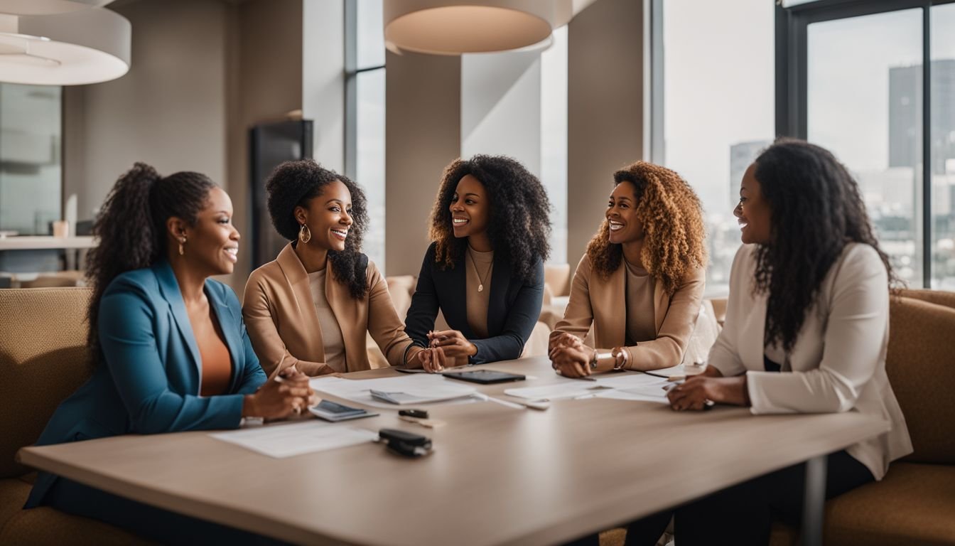 A diverse group discussing birth control options in a healthcare setting.