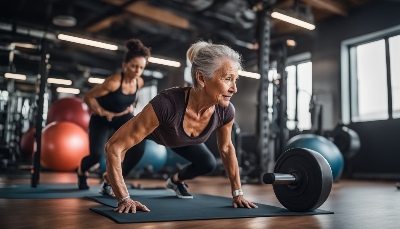 An active senior woman doing weight-bearing exercises in a well-lit gym.