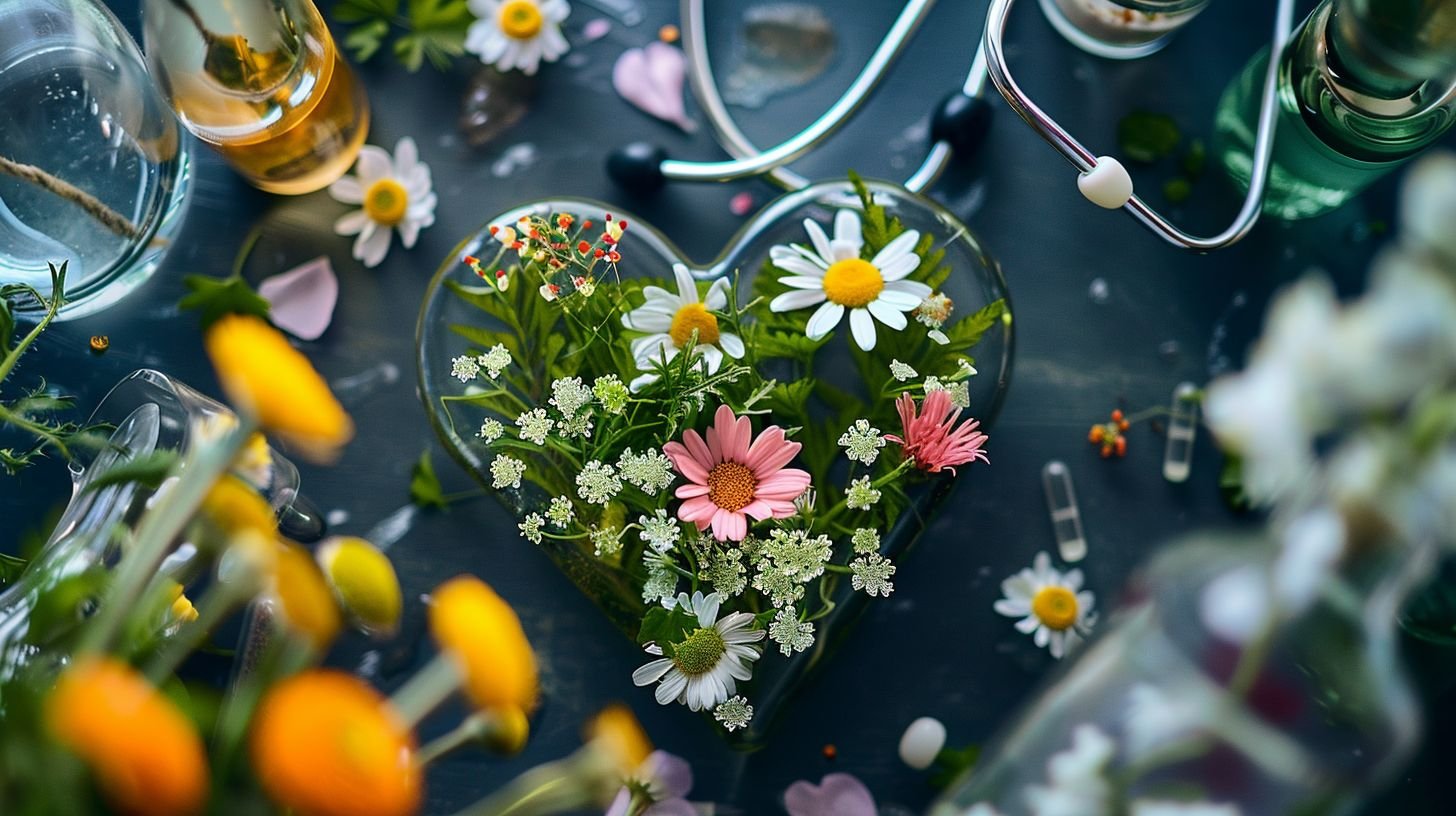 A heart-shaped floral arrangement surrounded by medical equipment in close-up.