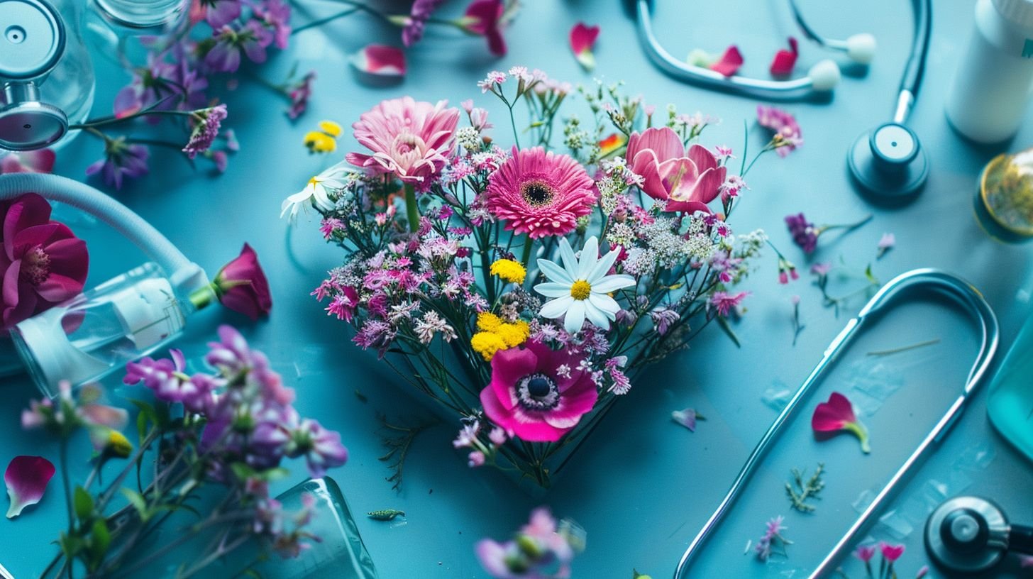 A heart-shaped floral arrangement surrounded by medical equipment in close-up.