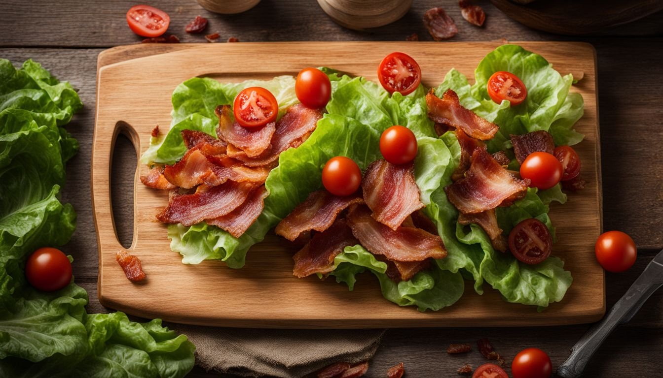 A photo of a delicious BLT sandwich on a wooden cutting board.