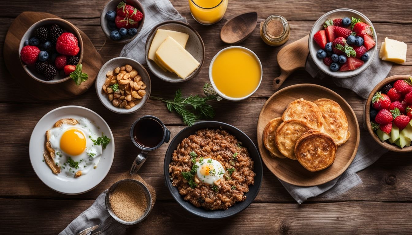 A plate of Keto-friendly breakfast foods on a rustic table.